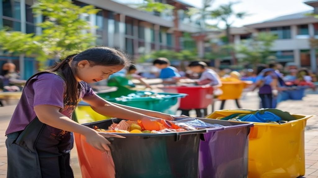 Tempat sampah plastik berwarna cerah di koridor sekolah, memudahkan siswa buang sampah secara bersih.