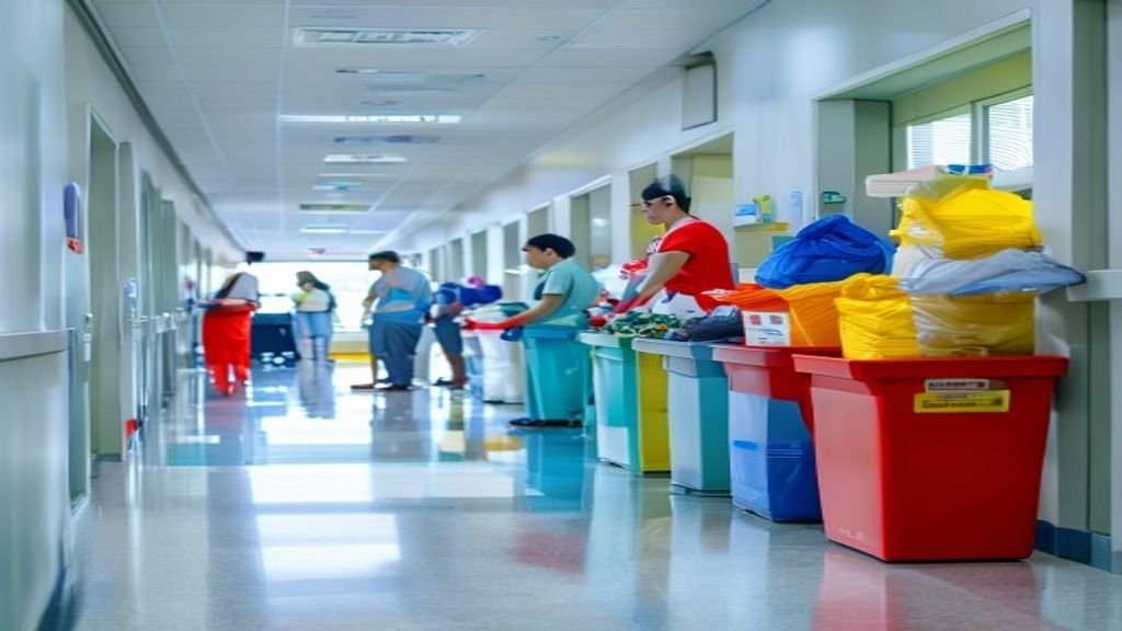 Standar warna tempat sampah medis rumah sakit: merah limbah infeksi, kuning biohazard, biru non-infeksi.