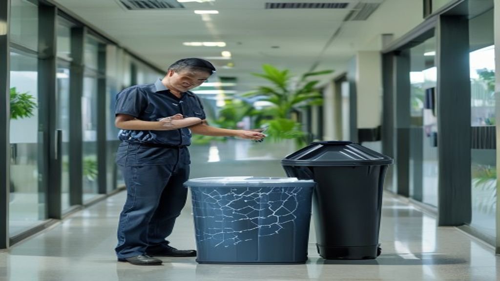 Tempat sampah HDPE berwarna biru di jalan Jakarta, tahan lama dan ramah lingkungan