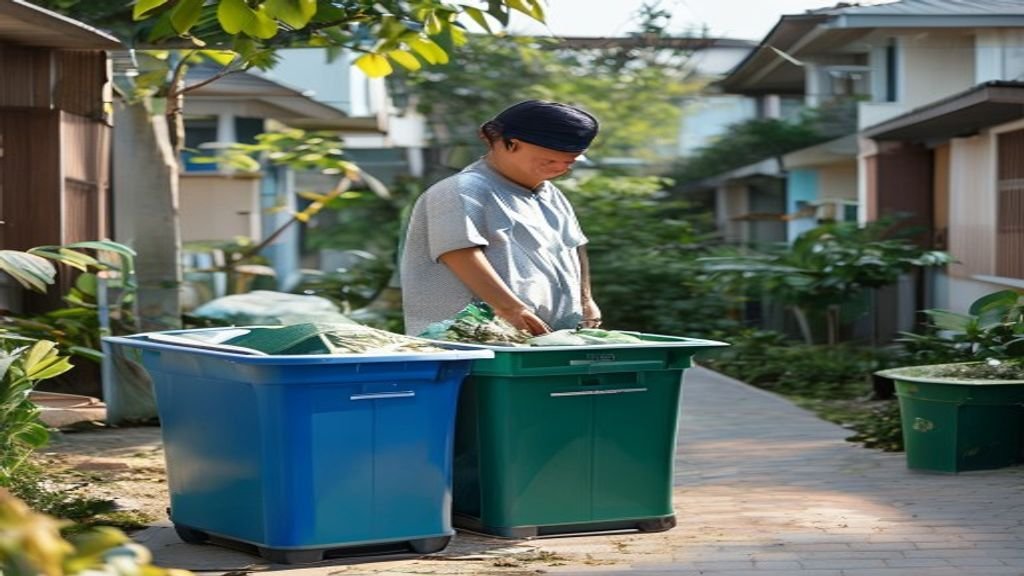 Tempat sampah bersih di area perumahan, memudahkan pengelolaan limbah rumah tangga.