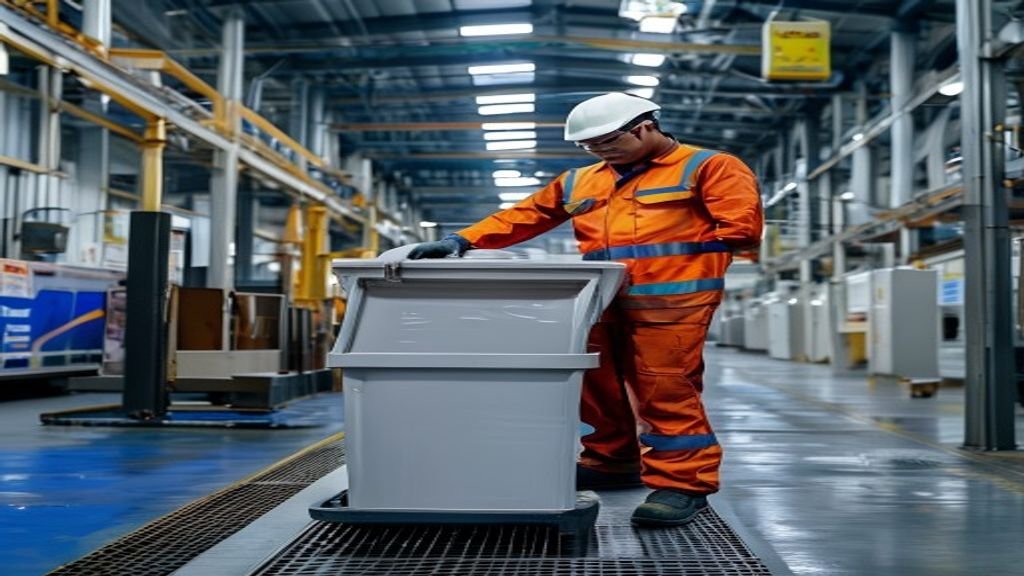 Tempat sampah plastik HDPE berkapasitas 120L dengan tutup biru, cocok untuk pengelolaan limbah industri.